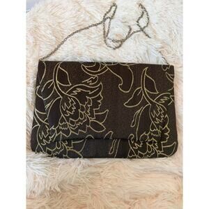 Terramina Brown Material Gold Metallic Embroidery Floral Pattern Envelope Purse